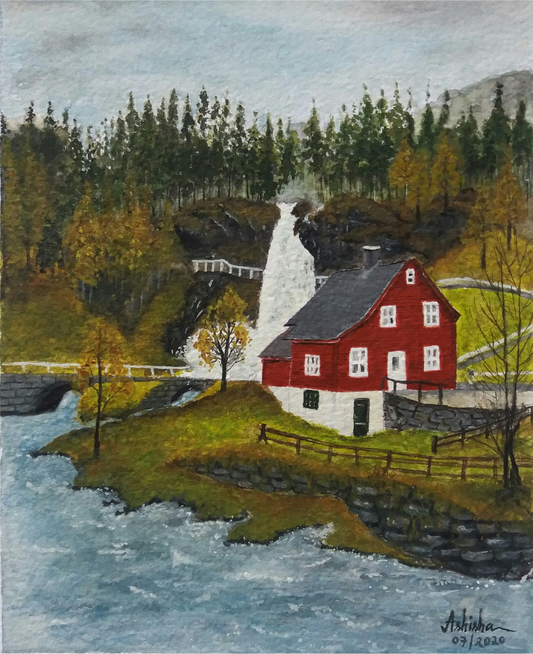 Steindalsfossen - original akvarellkunst fra norsk landskap