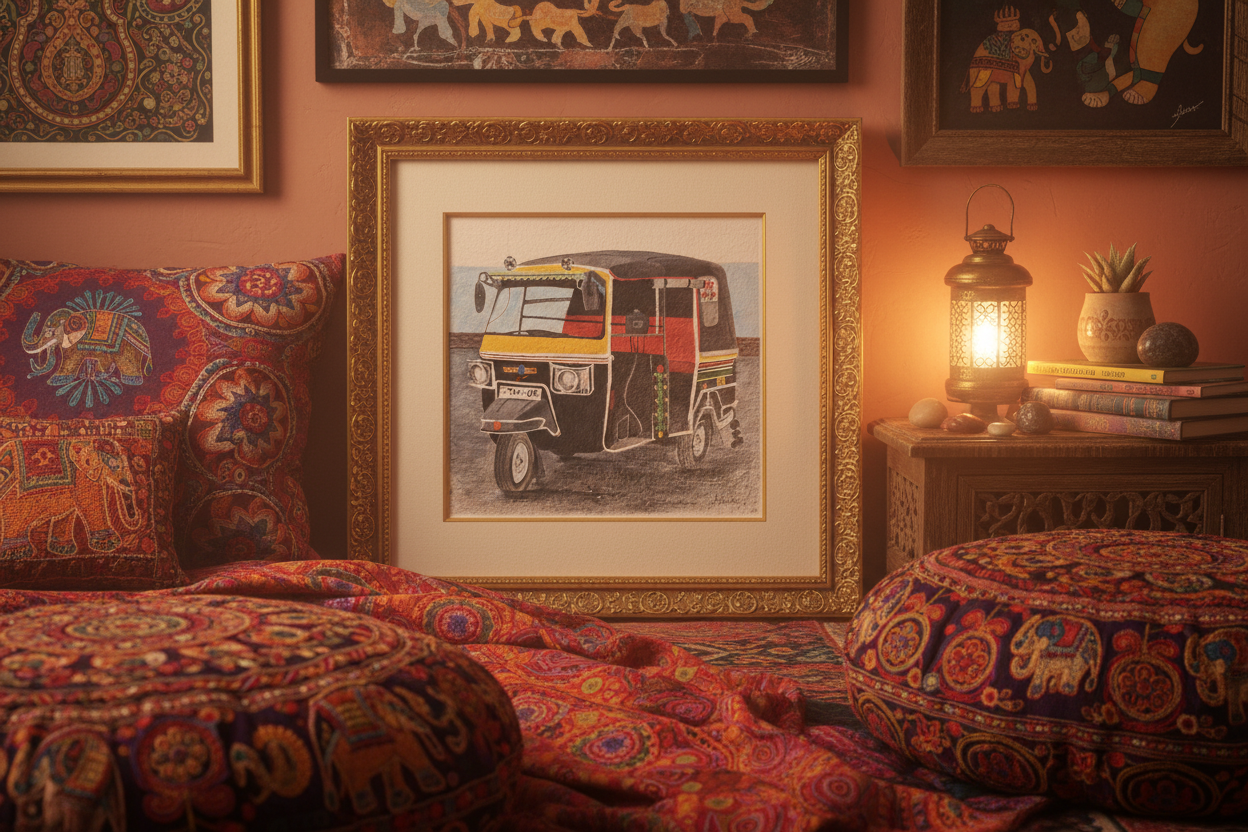 Auto rickshaw in golden frame