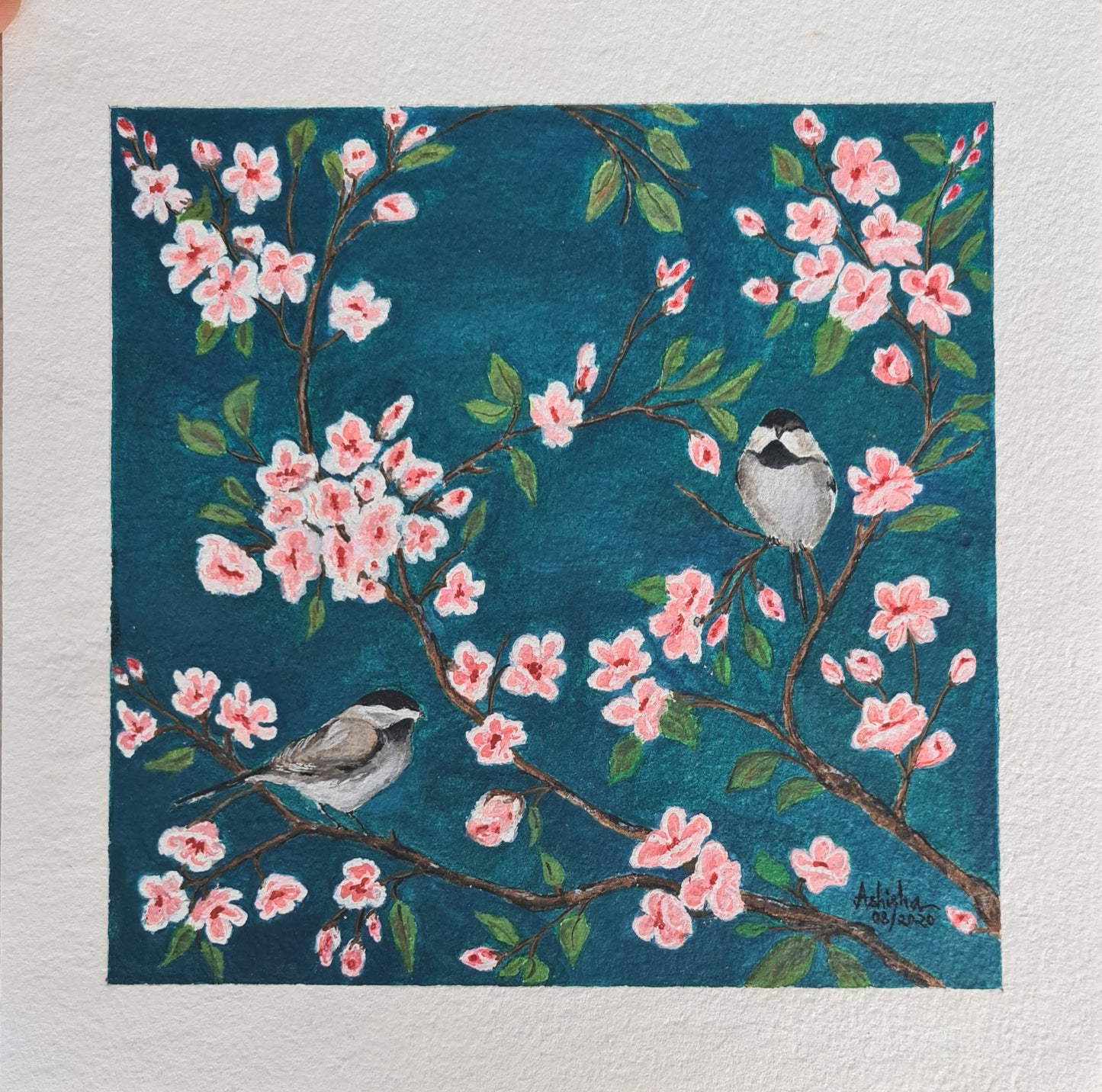 Løvmeis og blomster - Originalt akvarellmaleri