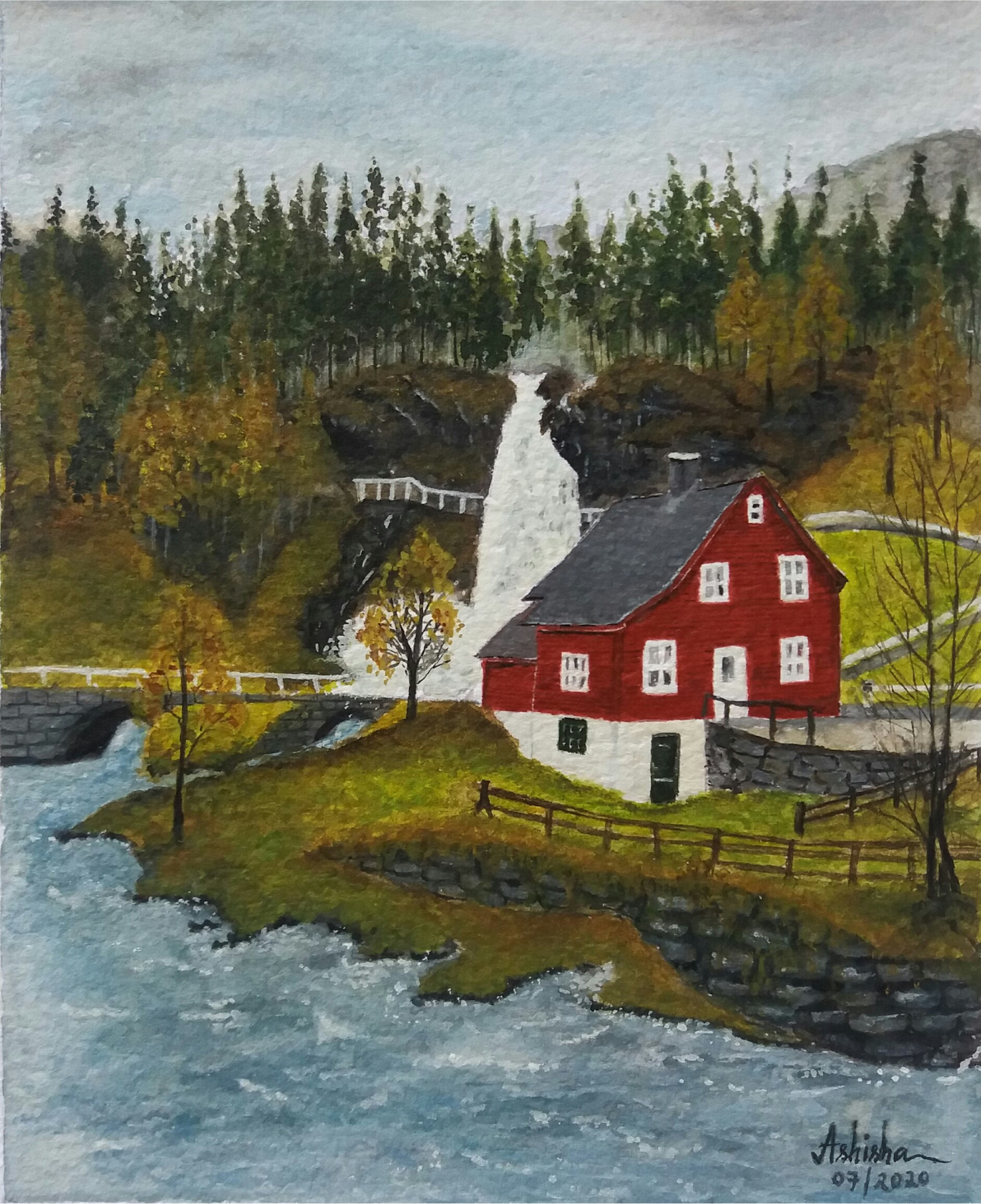Steindalsfossen - original akvarellkunst fra norsk landskap