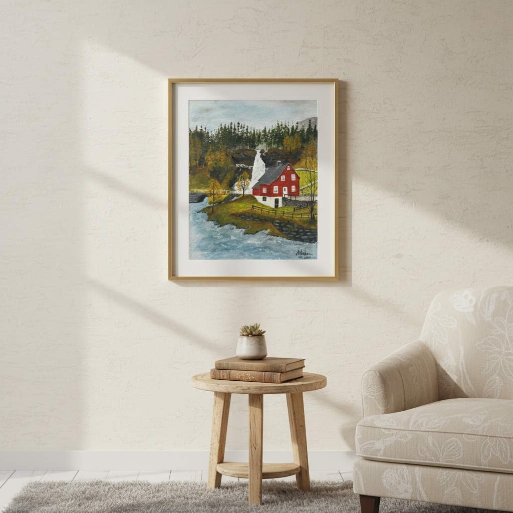 Norwegian landscape framed on cream wall