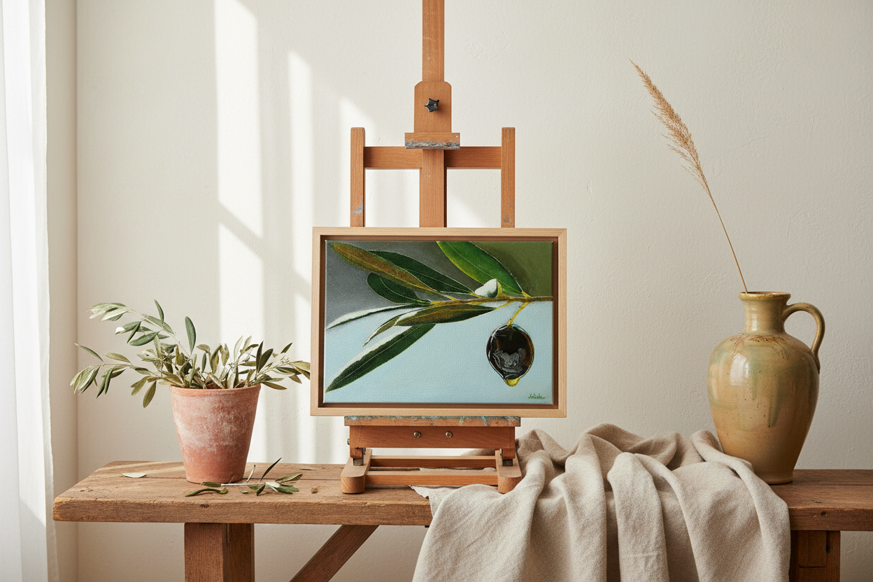 Olive branch painting on easel with Mediterranean styling