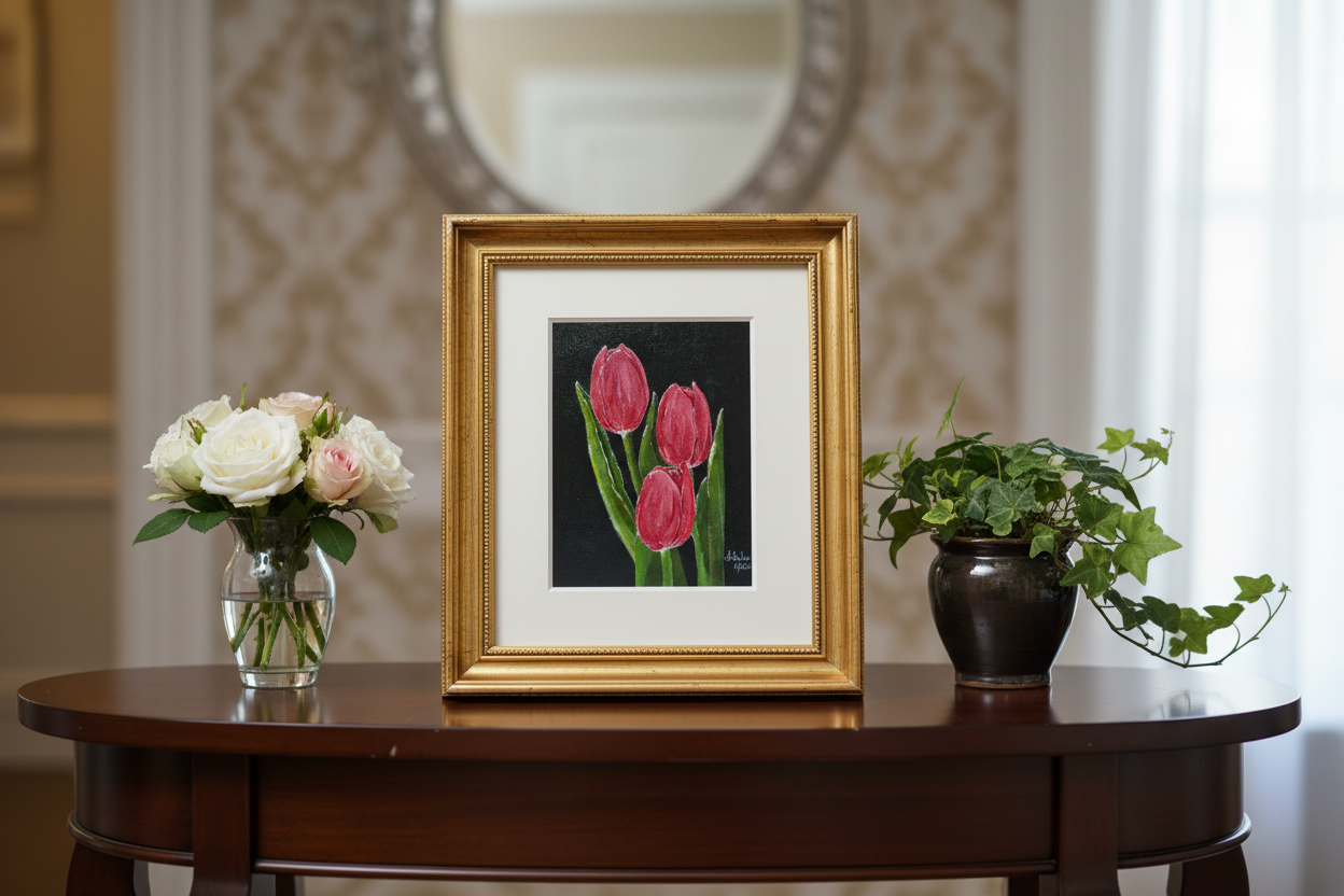 Tulip painting with golden frame