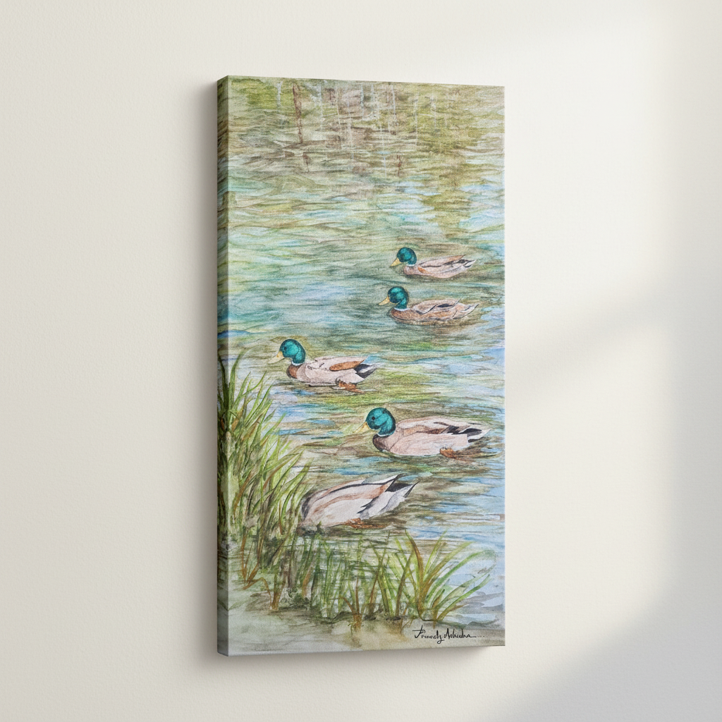 Unframed watercolor canvas of ducks on cream wall